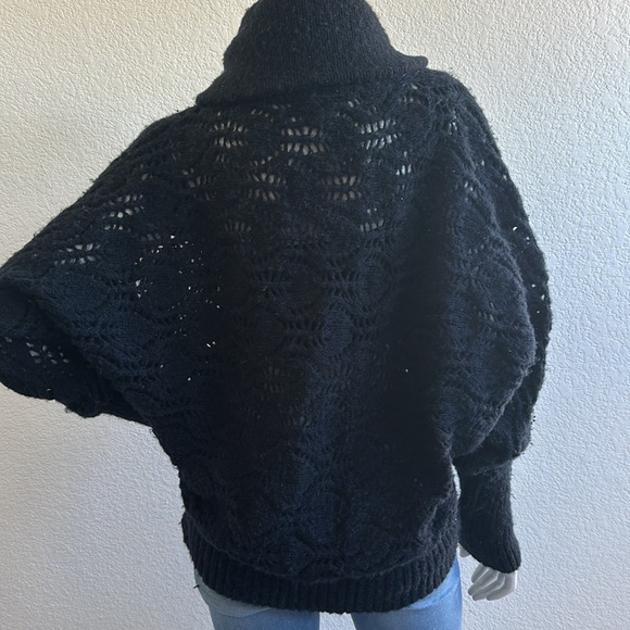 VTG Free People Black Wool Chunky Knit Cropped Cardigan Wrap Sweater - Picture 6 of 8